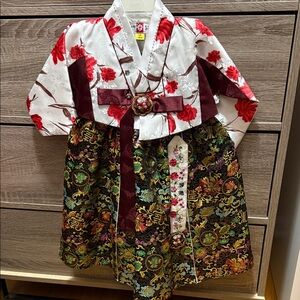 Floral Kids Hanbok Costume - Red and White